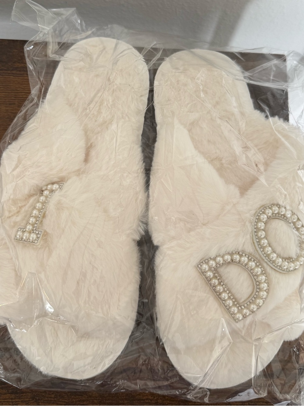 I DO bridal embellished cream fuzzy women's slippers